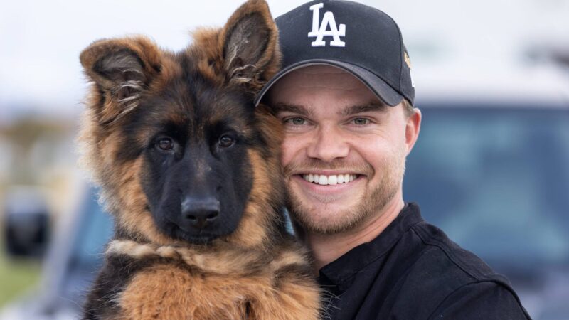 Man smiling with a German Shepherd puppy.